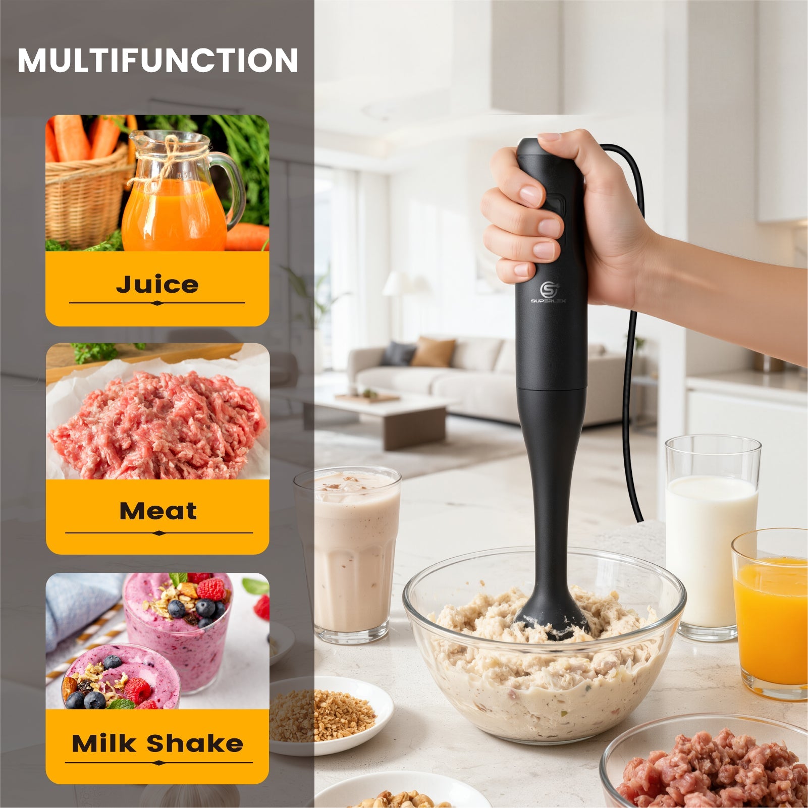 350W Stick Blender 3-in-1 with Stainless Steel Blades & Dual Speed