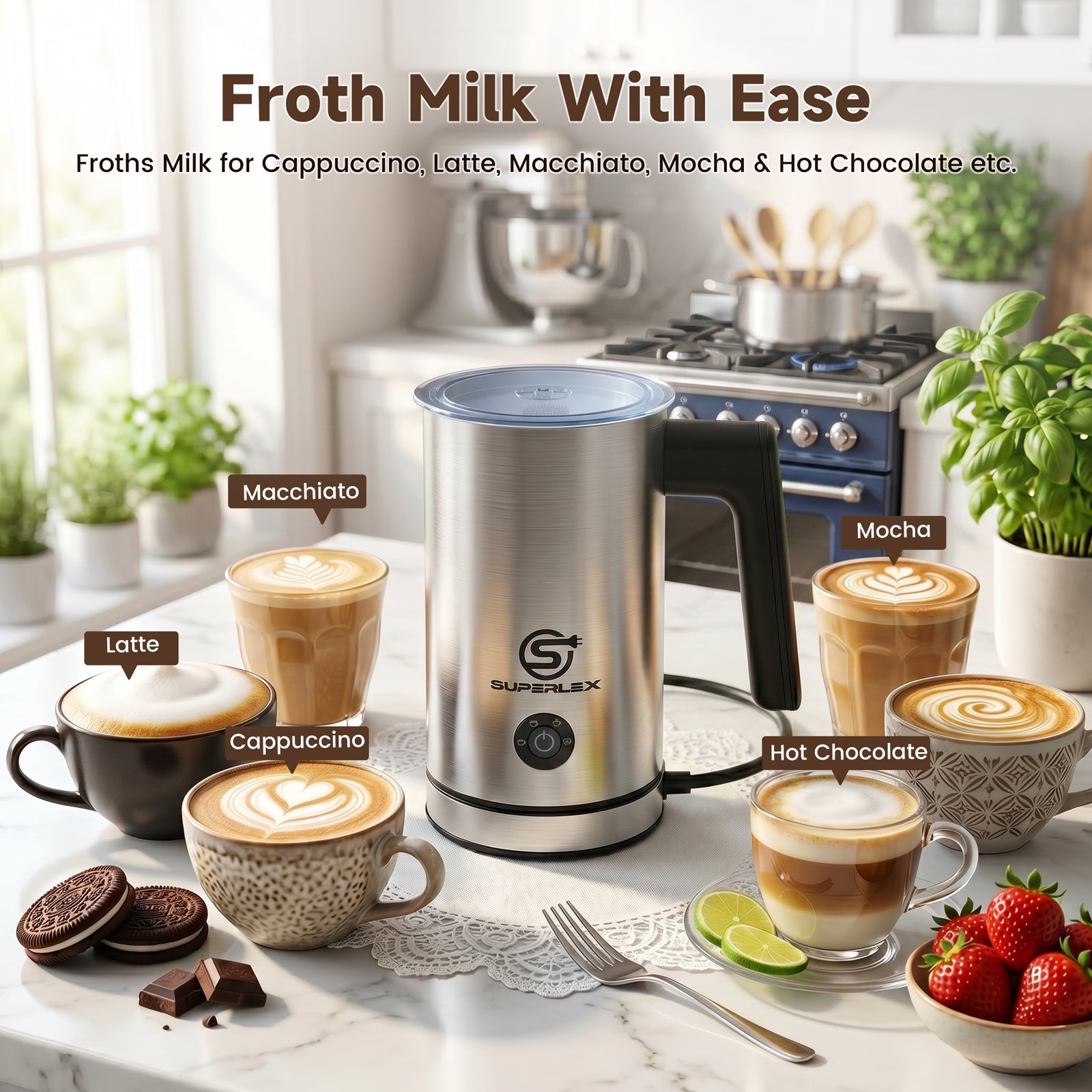 500W 4-In-1  Stainless Steel Milk Frother with Safe & Easy One-Touch Operation