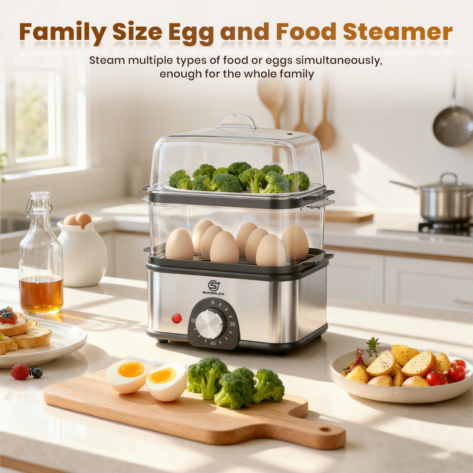 2-Layer Stainless Steel Egg Cooker for 16 Eggs with Adjustable Timer and Multifunctional Steamer
