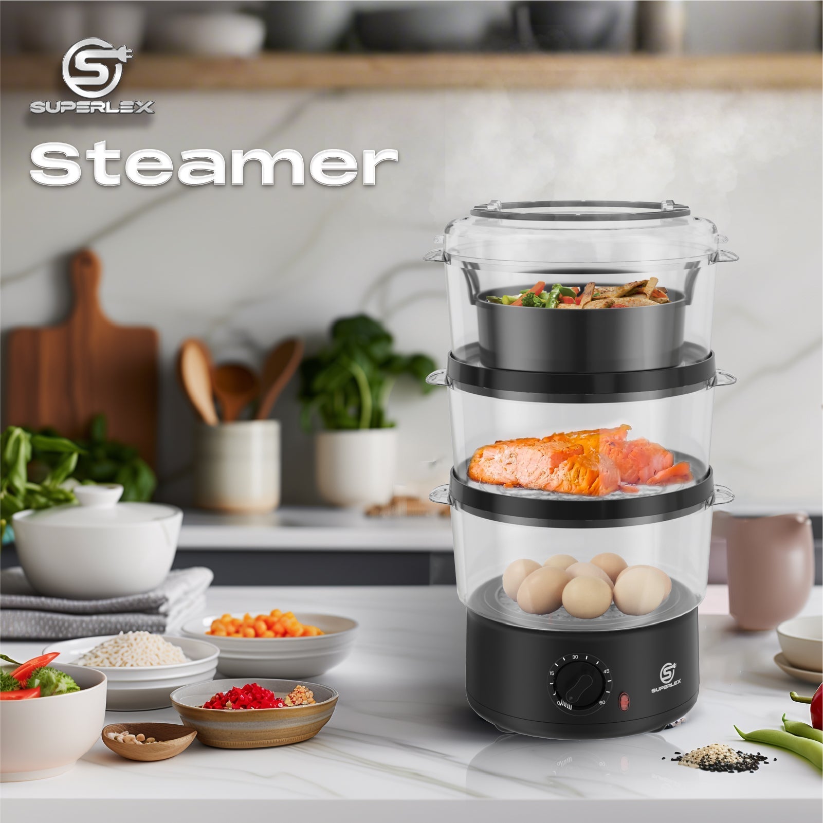 550W 3-Tier Food Steamer with 60-Min Timer & 2.5L Capacity per Layer