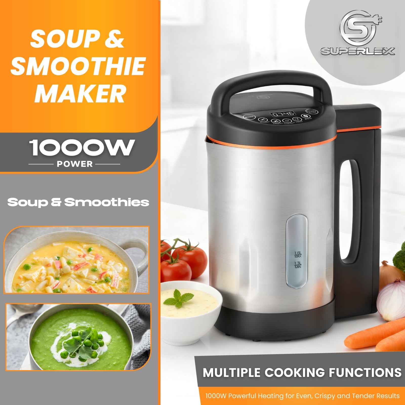 1.3-1.8L Stainless Steel Soup Maker with Smooth & Chunky Functions