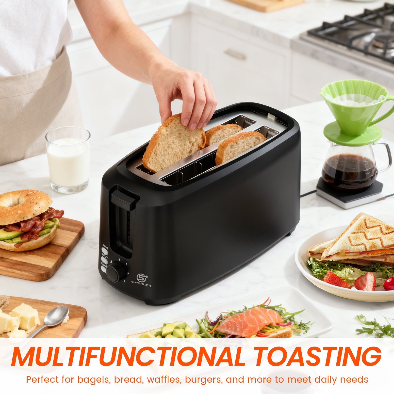 1450W Long Slot 4-Slice Toaster with Adjustable Browning & Auto Pop-Up