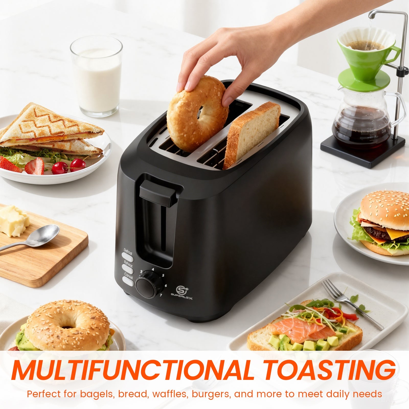 750W 2-Slice Toaster with Adjustable Browning & Auto Pop-Up