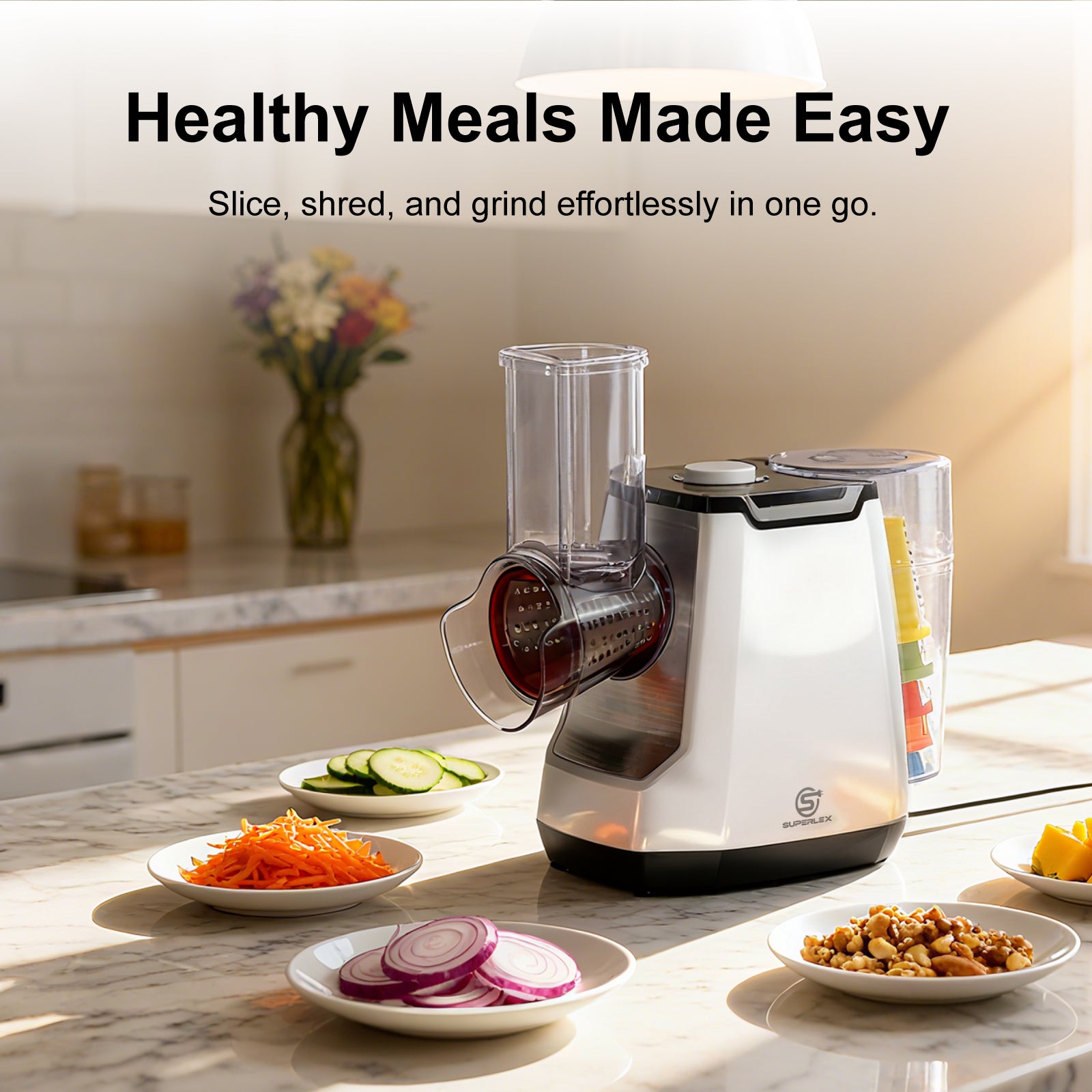 5-in-1 Electric Vegetable Slicer with 5 Interchangeable Blades for Fruits, Vegetables and Cheese