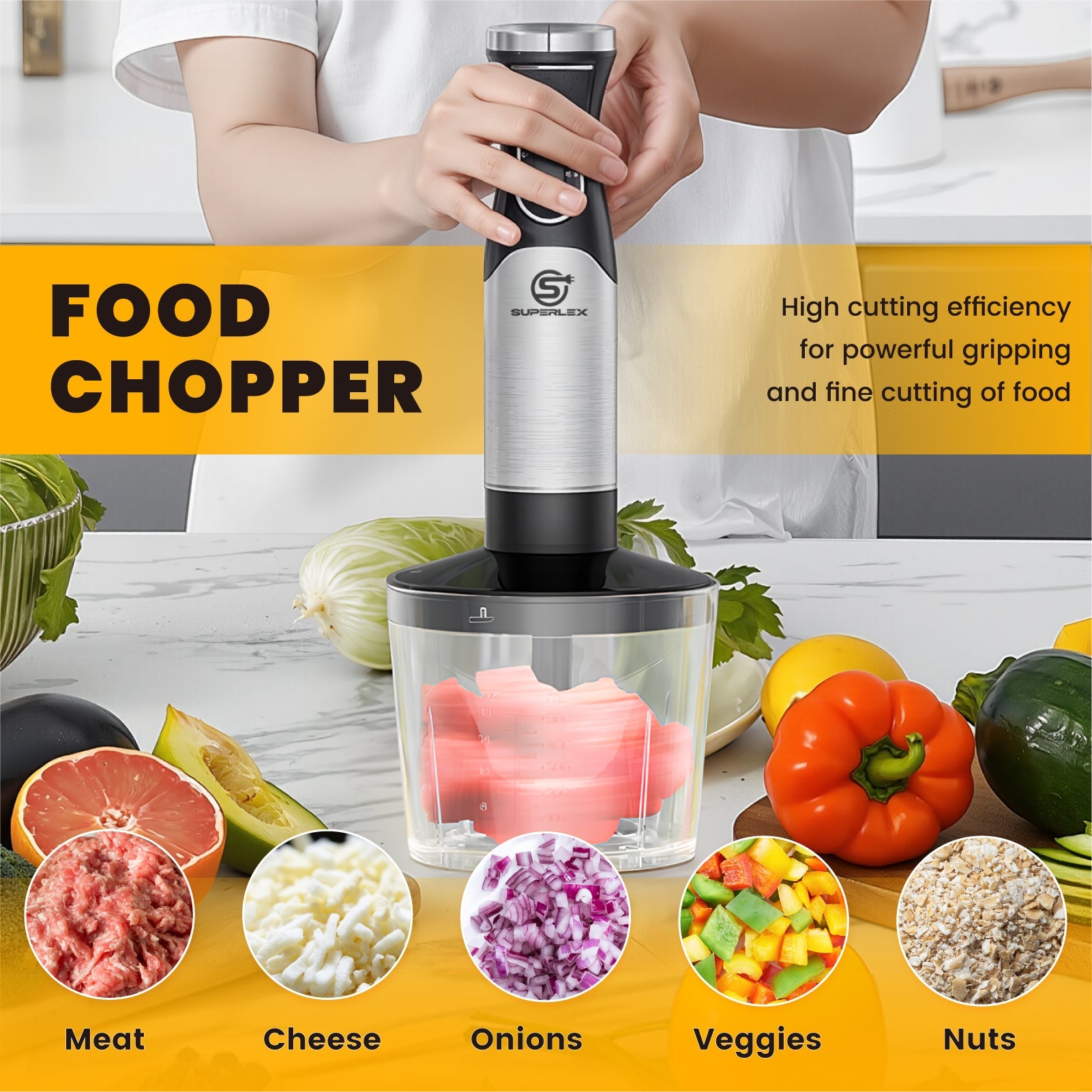 3-in-1 Hand Blender with 350W Motor & 304 Stainless Steel Blades