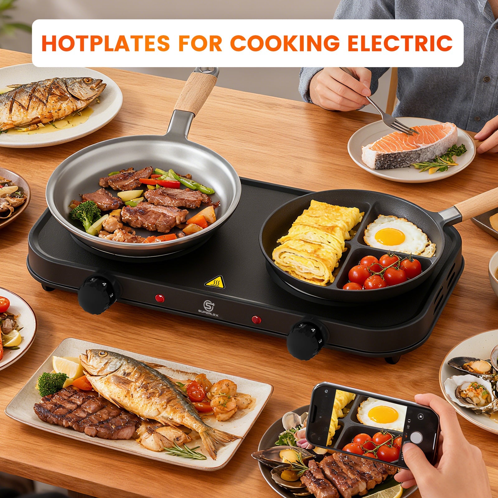 Double Hot Plate 2000W with Dual Cast Iron Hobs & Independent Temperature Control