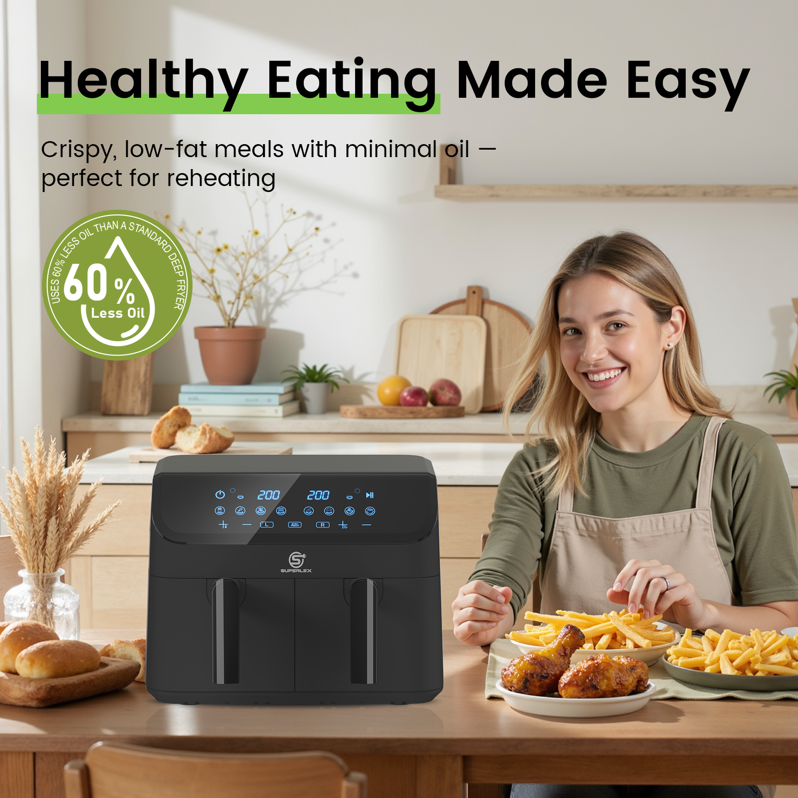 9L Double Air Fryer with Dual Pots, Adjustable Temperature & 30-Min Timer