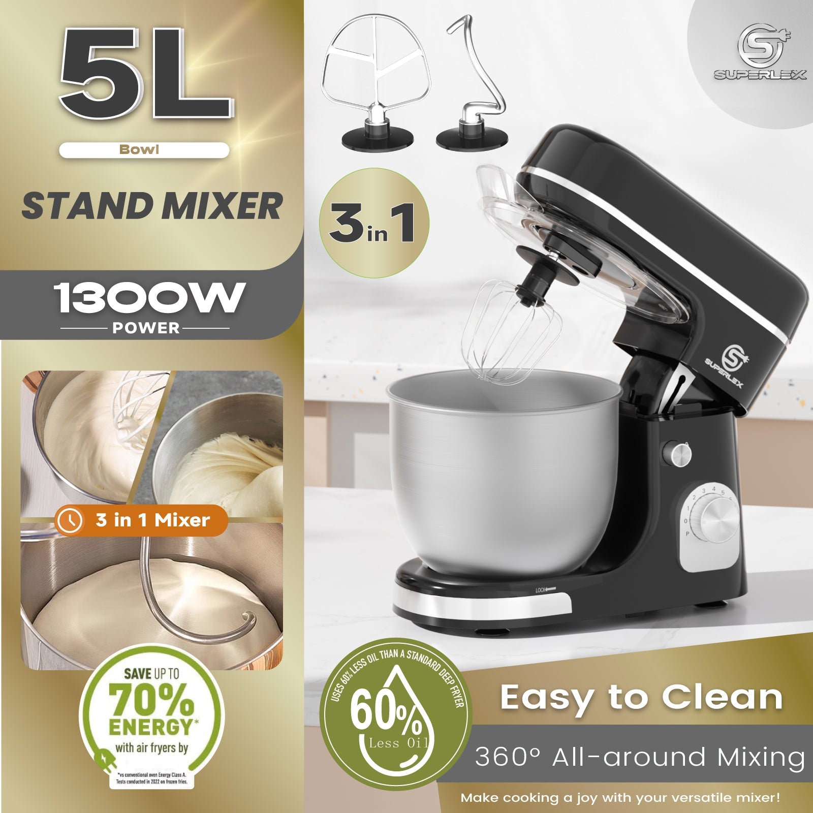 5L Stand Mixer with 1300W Motor & Multi-Function Attachments