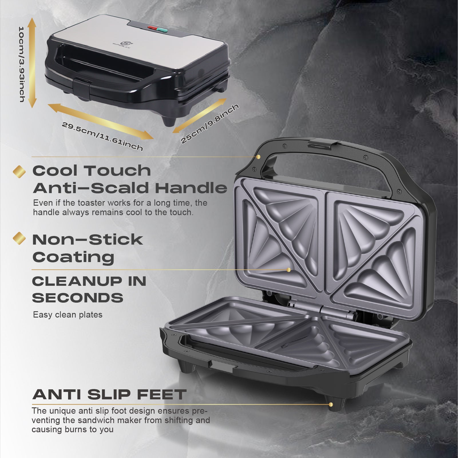 Stainless Steel XL Sandwich Maker 900W with Non-Stick Plates & Cool-Touch Handle