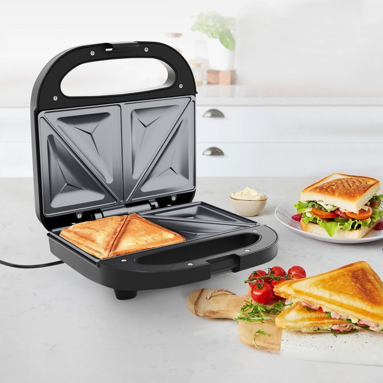 Stainless Steel Sandwich Maker 750W with Dual-Slice Non-Stick Plates